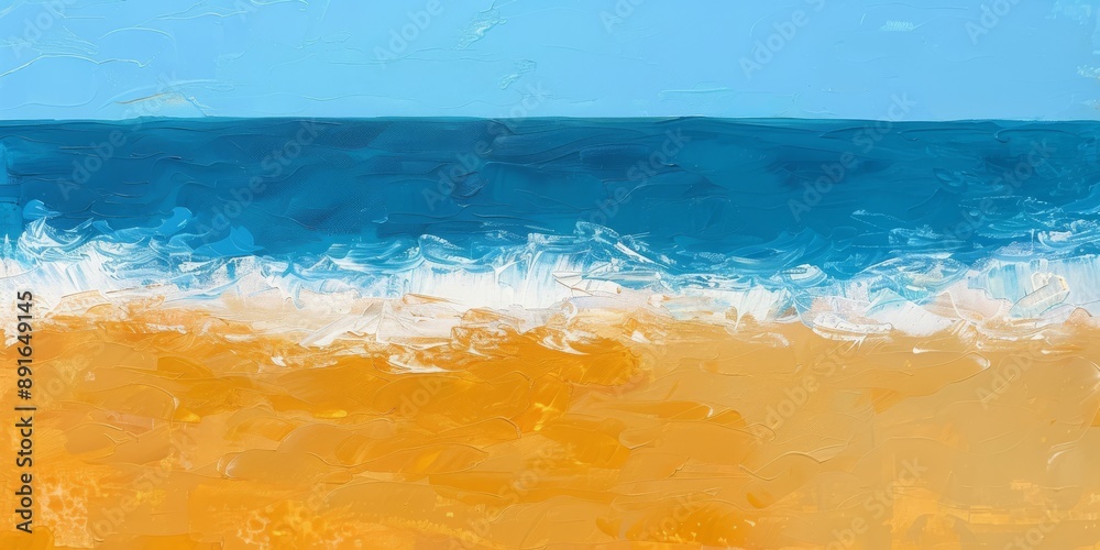 A calm and serene abstract painting of a beach scene with a blue sky and sea, showcasing brushstroke texture