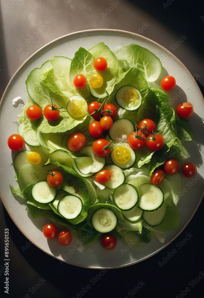 Minimalist salad in a round shape and salt Minimalist salad in a round shape and salt