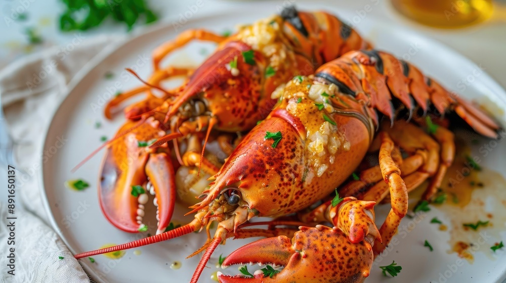 Delicious grilled lobster with garlic butter served on a white plate, garnished with parsley for a gourmet dining experience. Delicious grilled lobster with garlic butter served on a white plate, garnished with parsley for a gourmet dining experience.