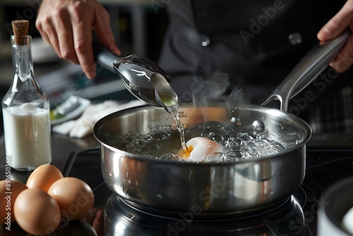 Chef poaching eggs in a saucepan of gently boiling water, with a timer and vinegar bottle nearby, poached eggs, professional cooking