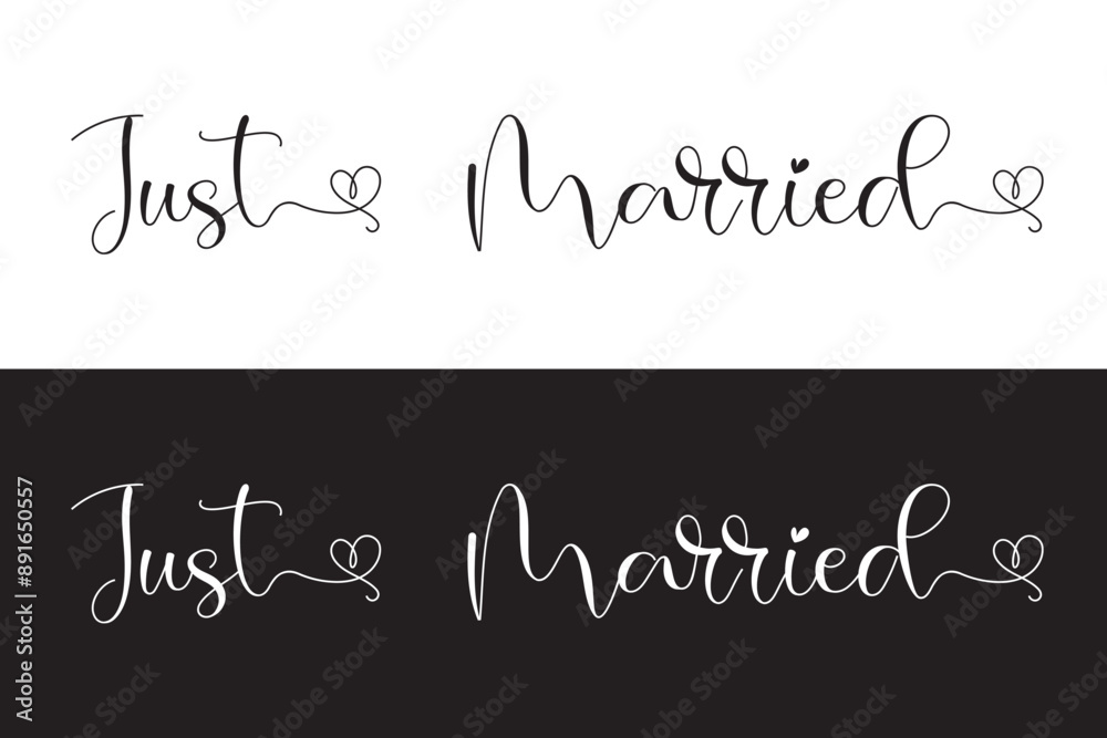 Fototapeta premium JUST MARRIED hand lettering, vector illustration. Hand drawn lettering card background. Modern handmade calligraphy. Hand drawn lettering element for your design in eps 10.