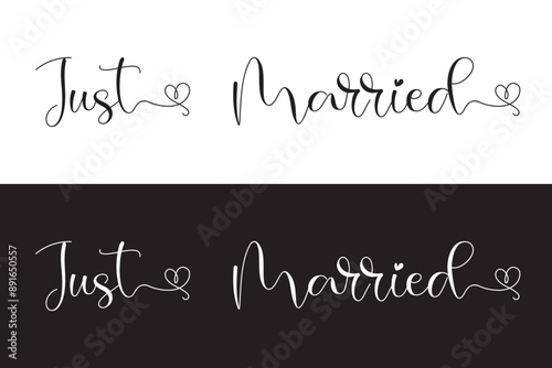JUST MARRIED hand lettering, vector illustration. Hand drawn lettering card background. Modern handmade calligraphy. Hand drawn lettering element for your design in eps 10.