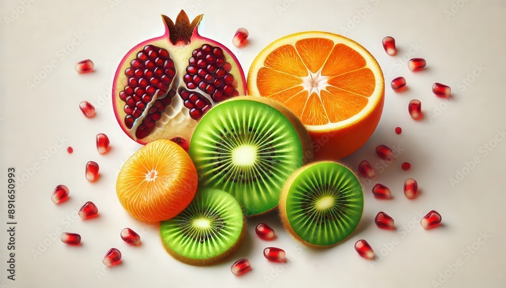 A half of an orange, a pomegranate, and three kiwi fruit slices are arranged on a white surface with scattered pomegranate seeds A half of an orange, a pomegranate, and three kiwi fruit slices are arranged on a white surface with scattered pomegranate seeds
