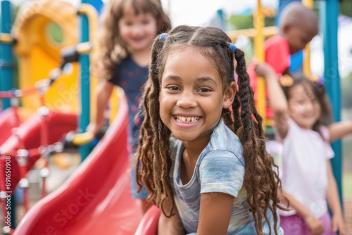 A diverse group of children playing on the school playground, with slides, swings, and laughter all around