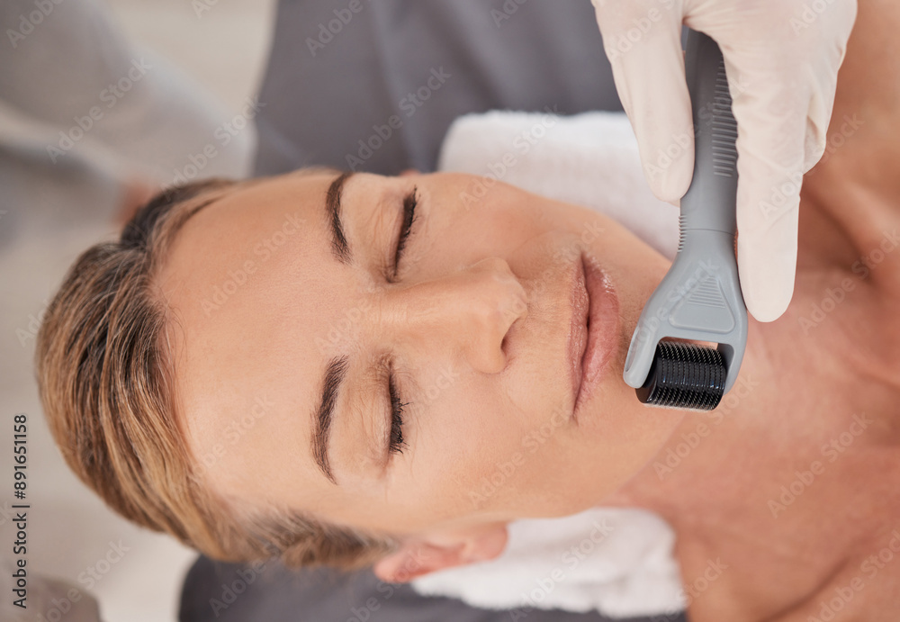 Spa, relax and woman with derma roller for mesotherapy, skincare and facial treatment for anti aging benefits. Cosmetics, dermatology and client at beauty salon for microneedling skin process on face Spa, relax and woman with derma roller for mesotherapy, skincare and facial treatment for anti aging benefits. Cosmetics, dermatology and client at beauty salon for microneedling skin process on face