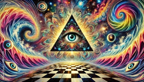 A large, colorful eye inside a triangle is floating above a checkered floor, surrounded by colorful swirls and stars