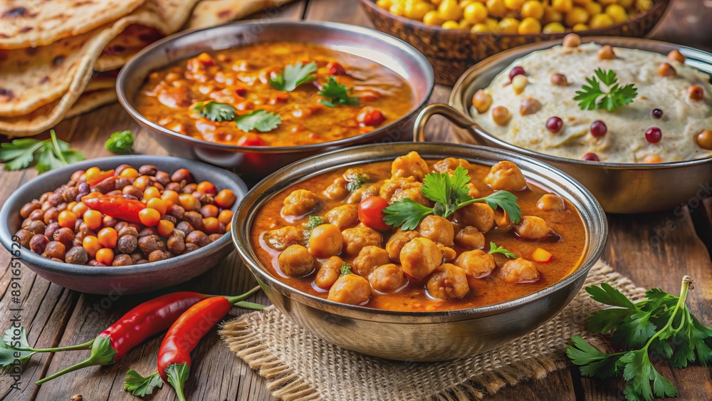 Vibrant medley of traditional Indian street food dishes, including steaming chickpeas curry, chana, and masala, served with warm chapathi.