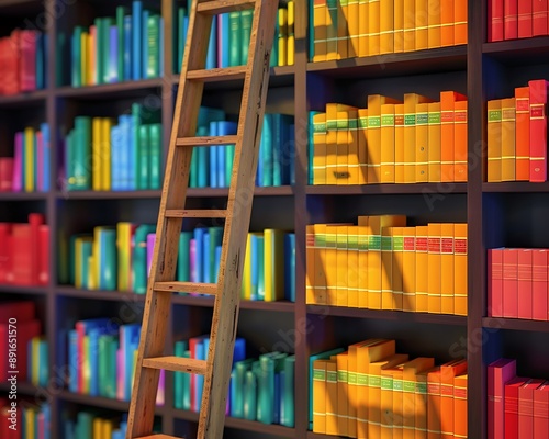 Sleek minimalistic library with detailed background, wooden ladder, and vibrant book-filled shelves.