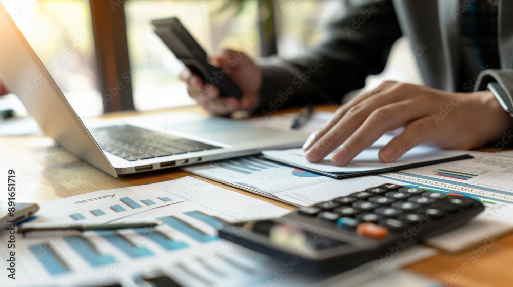 A person working with financial documents, using a calculator and taking notes, with a laptop and a smartphone on the desk A person working with financial documents, using a calculator and taking notes, with a laptop and a smartphone on the desk