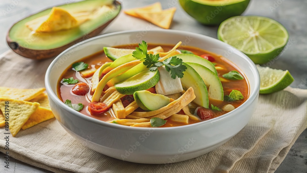 Vibrant, slow-cooked chicken tortilla soup serves in simple white bowl garnished with avocado slices, tortilla strips, and fresh lime wedges. Vibrant, slow-cooked chicken tortilla soup serves in simple white bowl garnished with avocado slices, tortilla strips, and fresh lime wedges.