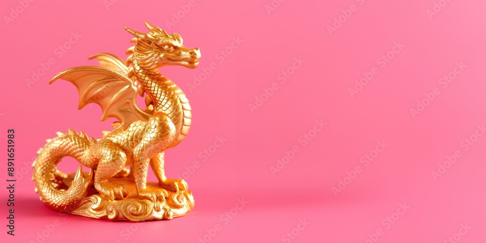 Fototapeta premium Golden Dragon Figurine on Pink Background featuring intricate details and a vibrant design.