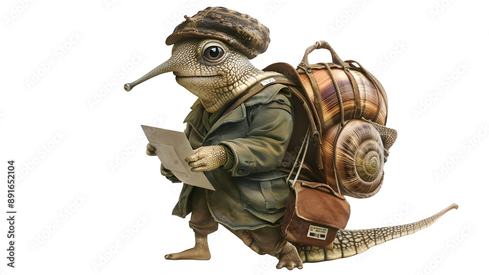 Snail dressed a postal delivery person isolated on a transparent background, PNG Snail dressed a postal delivery person isolated on a transparent background, PNG
