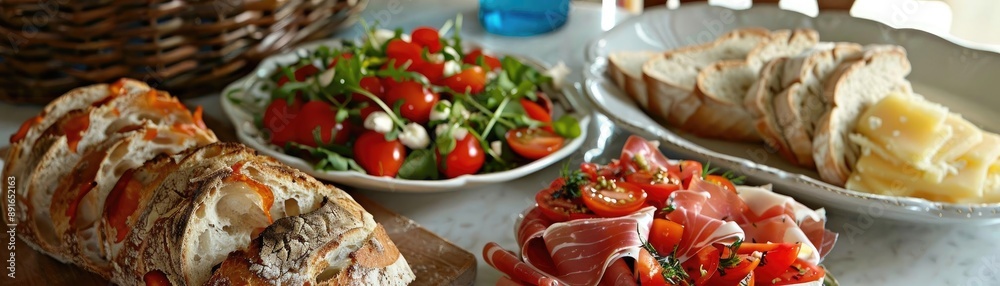 A delicious spread of Italian cuisine featuring fresh bread, arugula salad with tomatoes, cured meats, and cheese on a table setting. A delicious spread of Italian cuisine featuring fresh bread, arugula salad with tomatoes, cured meats, and cheese on a table setting.