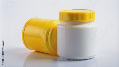 Isolated empty yellow medicine bottle with white cap on pure white background, devoid of any labels or markings, facing upwards. photo