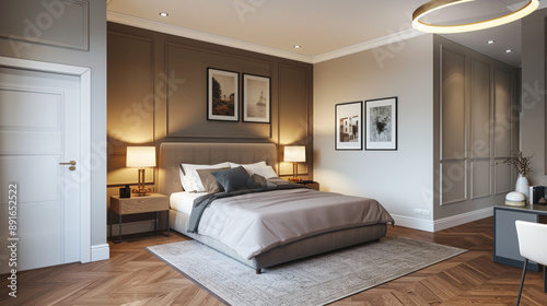 interior bedroom design of an luxurious hotel/apartment, with a brown wall behind the bed, the other walls and ceiling are white, there is a lamp on each side of the bed, and art pices around the room