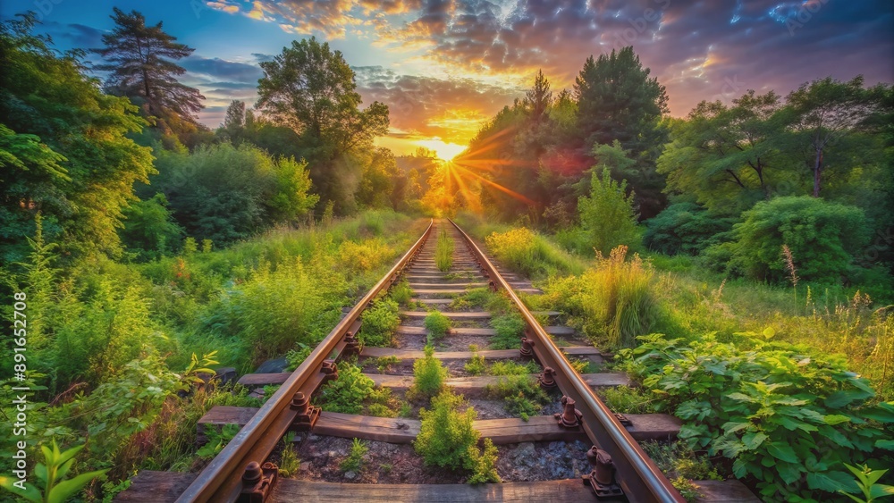 Naklejka premium Vibrant sunrise illuminates overgrown tracks and rusty rails of an abandoned railway, surrounded by lush greenery on a warm summer morning.