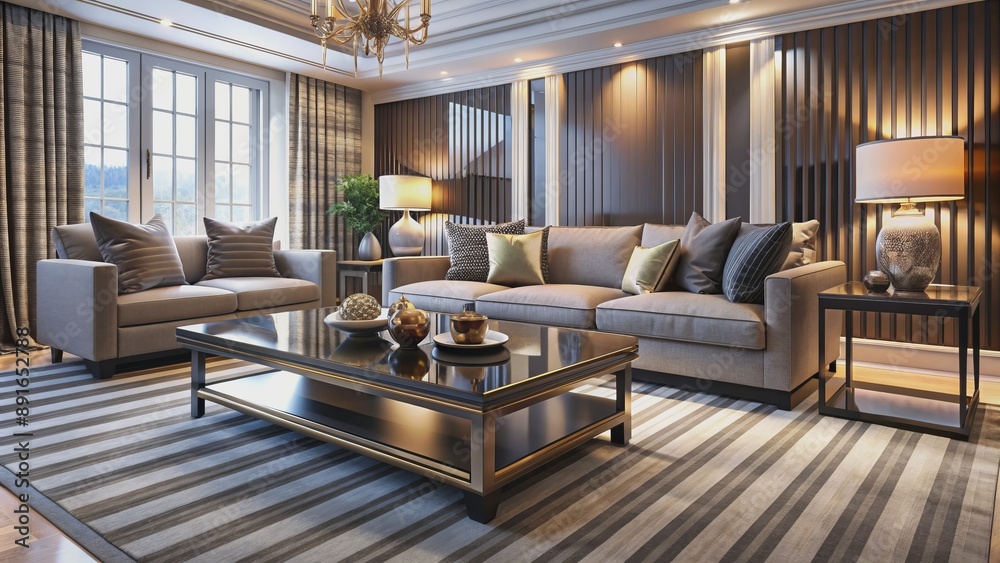 Elegant living room showcases striped accent coffee table on luxurious rug, surrounded by refined furniture and opulent decor elements.