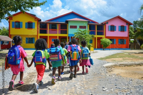 A group of children joyfully walking towards a brightly colored school building, each carrying a backpack filled with supplies