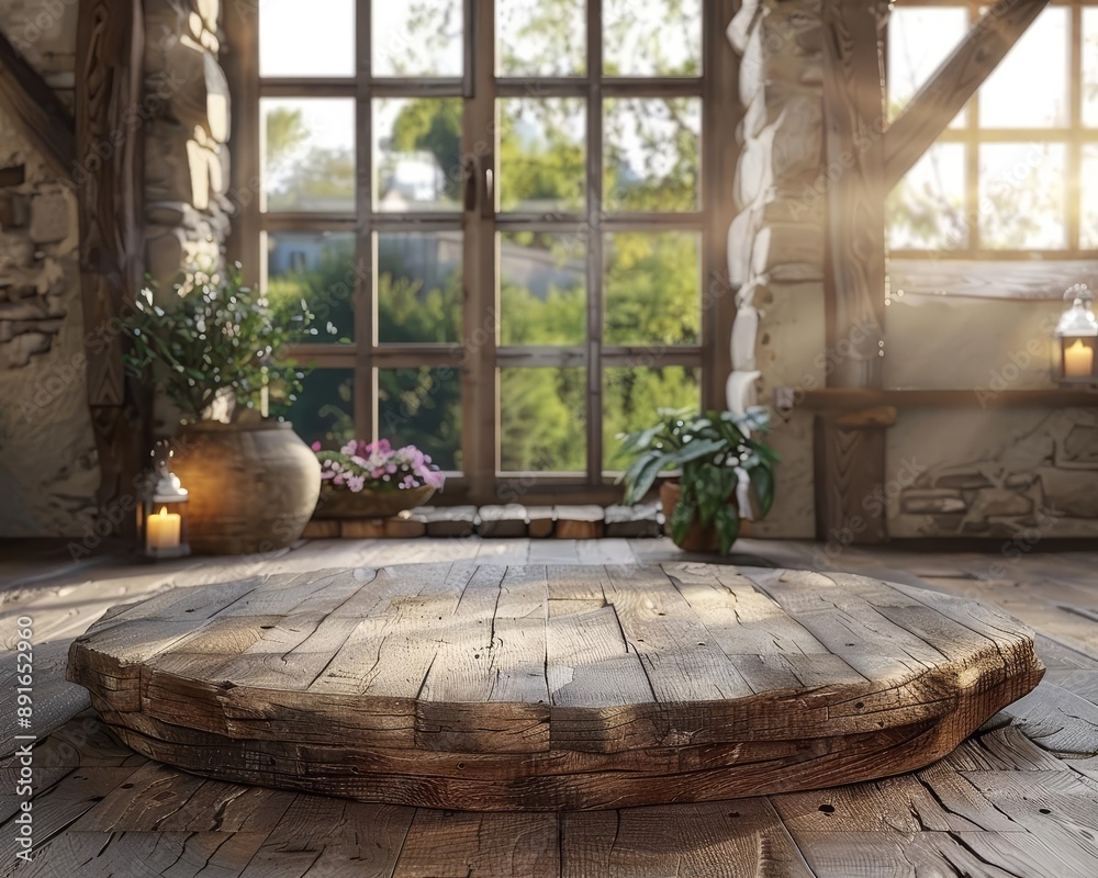 Rustic 3D podium with barnwood textures, set in a countryside farmhouse, warm and inviting, ideal for organic or handmade products Rustic 3D podium with barnwood textures, set in a countryside farmhouse, warm and inviting, ideal for organic or handmade products