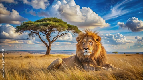 Majestic golden-maned lion rests in savannah grasslands surrounded by acacia trees, under bright blue cloudy African sky backdrop.