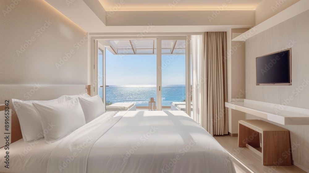 A large white bed with a window overlooking the ocean A large white bed with a window overlooking the ocean