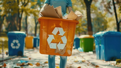 The recycling orange wastebin photo