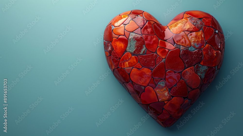 Red Mosaic Heart on Blue Background lacquer heart banner,Valentine's day concept Red Mosaic Heart on Blue Background lacquer heart banner,Valentine's day concept