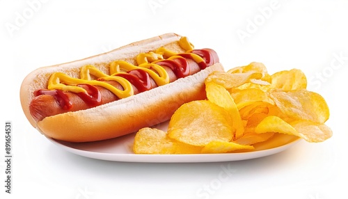 hotdog or hot dog is a dish consisting of a grilled, steamed, or boiled sausage served in the slit of a half sliced bun served with potato chips, ketchup and mustard.  isolated on white background