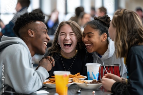 A group of friends sitting together in the cafeteria, laughing and enjoying their lunch.