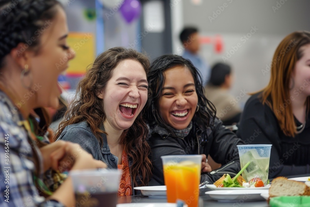 A group of friends sitting together in the cafeteria, laughing and enjoying their lunch. A group of friends sitting together in the cafeteria, laughing and enjoying their lunch.
