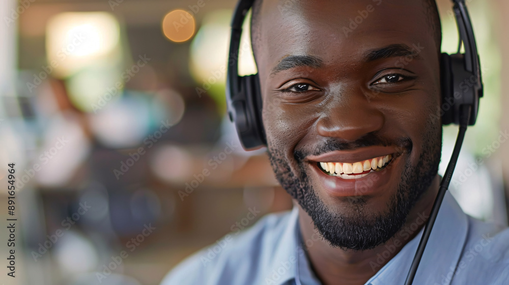 Close-up of a smiling businessman talking over a headset in a call center. Close-up of a smiling businessman talking over a headset in a call center.