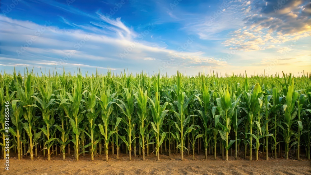 Corn cobs standing tall in a vast corn plantation field, agriculture, farming, crops