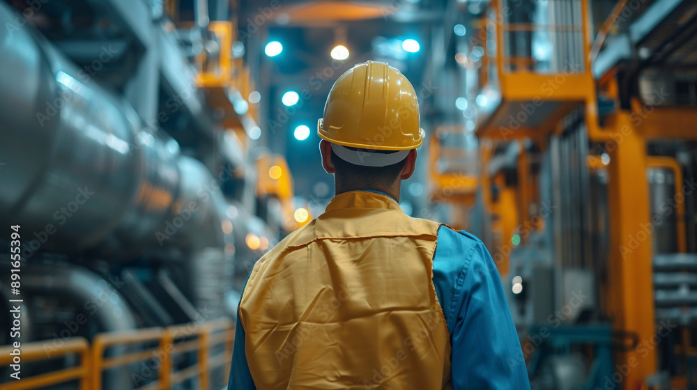 Engineer in a factory setting, wearing a hard hat and safety vest, inspecting industrial machinery and ensuring safety protocols. Engineer in a factory setting, wearing a hard hat and safety vest, inspecting industrial machinery and ensuring safety protocols.