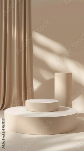Elegant Abstract Beige Product Podium: Cylindrical Design Elements for Cosmetics and Beauty Marketing. Sophisticated Stage Background for End-of-Season Promotions. Minimalist 4K High-Resolution Displa © Lu