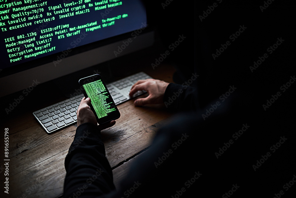 Hacker Shop Software Computer, cellphone and hands for hacker, coding and scam or fintech ...