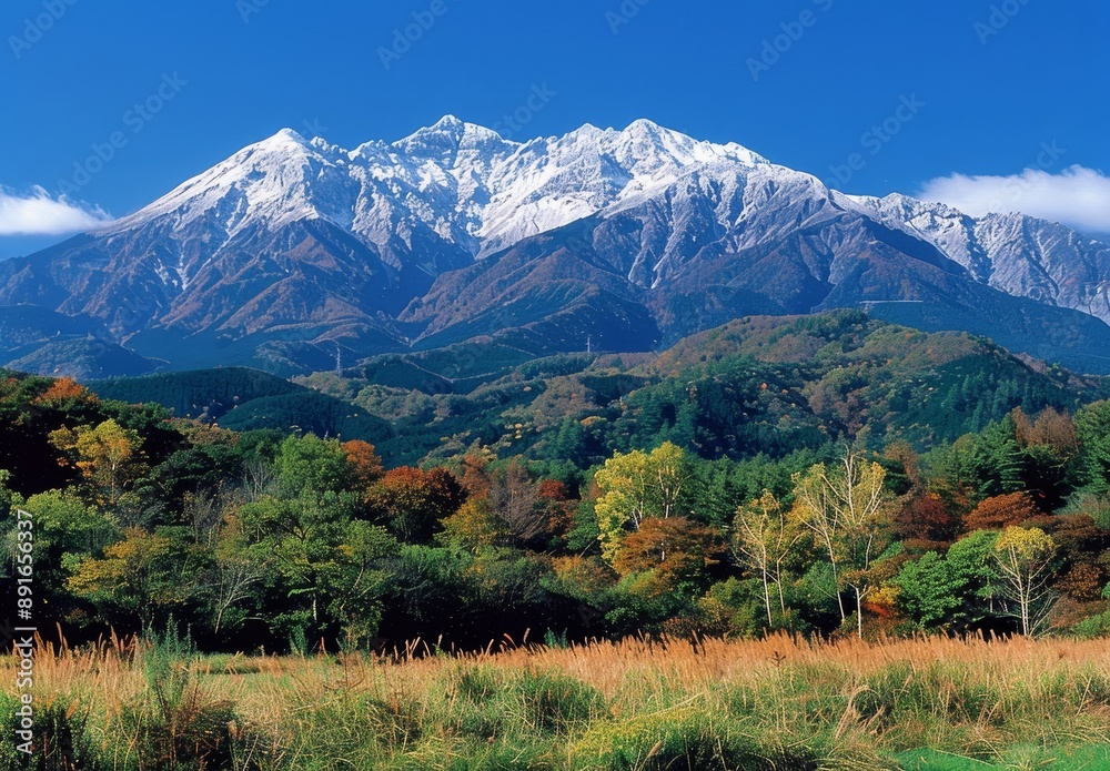 mountain range from an angle, clear blue sky, distant snow-capped mountains in background mountain range from an angle, clear blue sky, distant snow-capped mountains in background