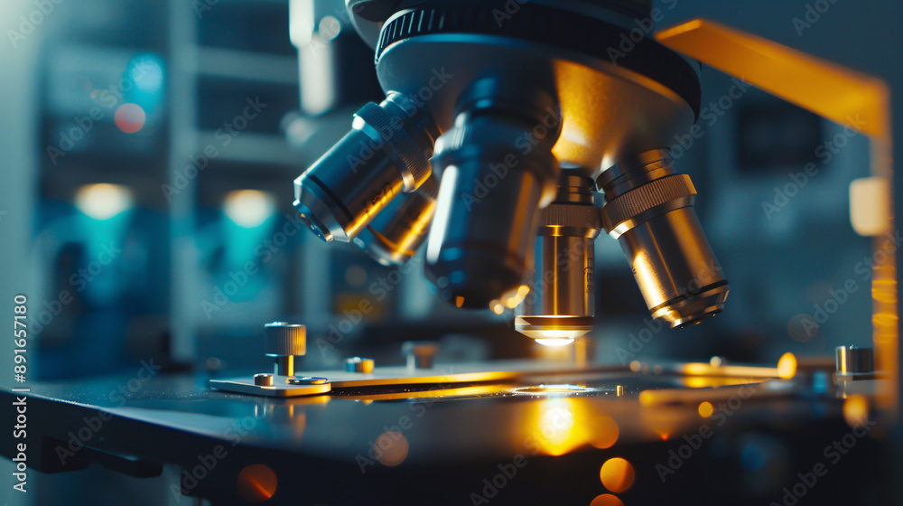 Close-up of a scientific microscope conducting data analysis in a laboratory, with a research setting focused on chemistry analysis. Close-up of a scientific microscope conducting data analysis in a laboratory, with a research setting focused on chemistry analysis.