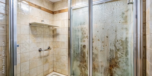 Dirty glass shower door with mineral deposits, hard water spots, and soap scum , grime, stains, bathroom, hygiene photo