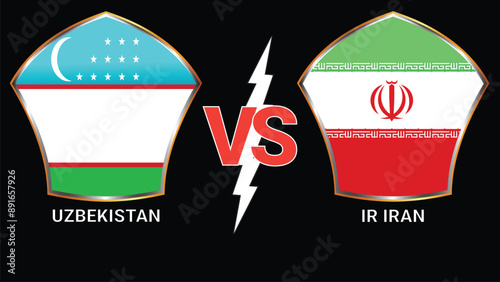 Uzbekistan vs IR Iran Soccer football match with Black Background and Versus Flags photo