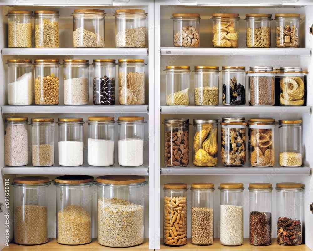 Organized home pantry food containers and glass jars on shelves in kitchen storage room Organized home pantry food containers and glass jars on shelves in kitchen storage room