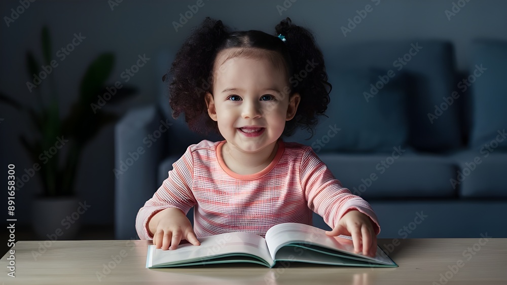 A baby girl in a comfortable living room, illuminated by soft, warm lighting sitting on a cozy rug, surrounded by colorful toys and books, with a big smile on her face. A baby girl in a comfortable living room, illuminated by soft, warm lighting sitting on a cozy rug, surrounded by colorful toys and books, with a big smile on her face.