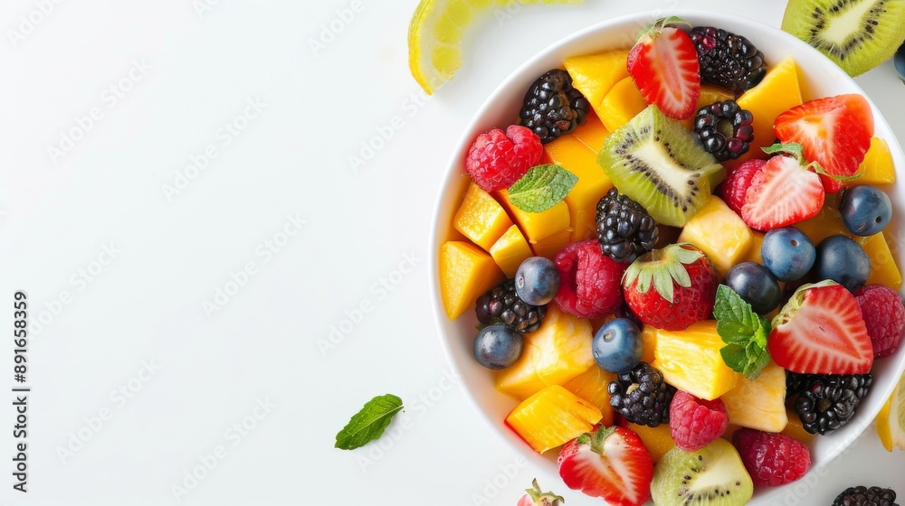 Bowl of fresh exotic fruit salad on white summer background Healthy breakfast Copy space Top view