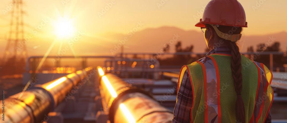 Fototapeta premium A female engineer stands near a pipeline during sunset, the sky painted with warm light as she observes the industrial setup ahead of her, embracing the serene moment.
