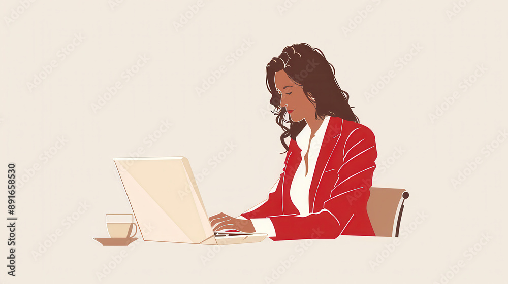 A digital illustration of a woman working on a computer, wearing a red blazer and white shirt, seated at a desk with a cup of tea, simple and clean background with muted tones A digital illustration of a woman working on a computer, wearing a red blazer and white shirt, seated at a desk with a cup of tea, simple and clean background with muted tones