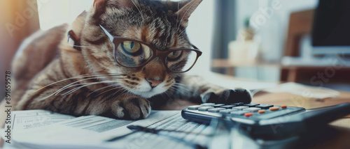 A tabby cat with glasses stares down intently at a calculator on a paper-lined desk, adding a touch of humor to a serious task-oriented setting. photo