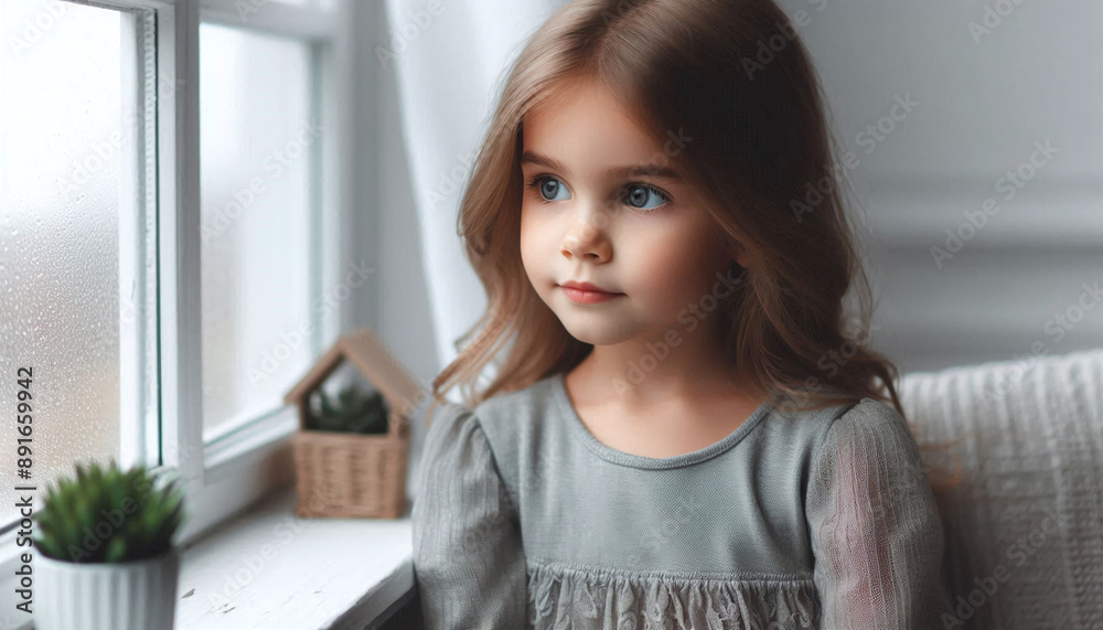 Close up portrait of cute little girl looking away near a window Close up portrait of cute little girl looking away near a window