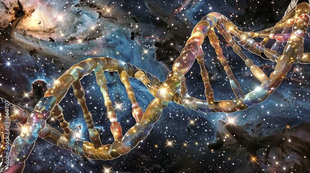 DNA double helix with stars and galaxies in the background, showcasing the connection between life and the cosmos. DNA double helix with stars and galaxies in the background, showcasing the connection between life and the cosmos.