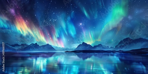 A breathtaking view of the northern lights dancing across the night sky, with vibrant hues of green, purple, and blue