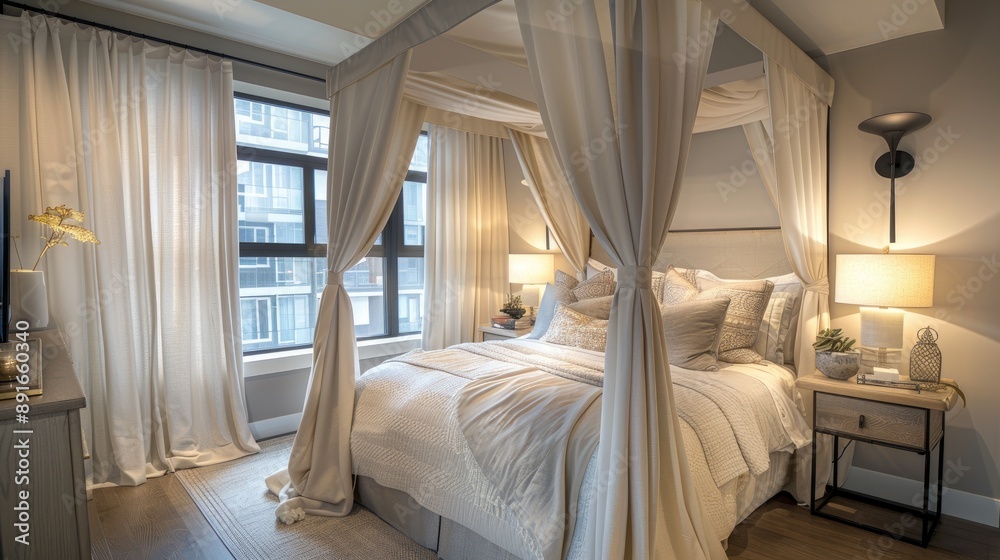 A serene transitional bedroom with a canopy bed A serene transitional bedroom with a canopy bed