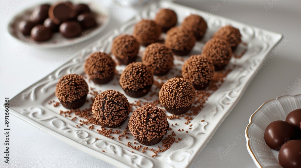 Delicious chocolate truffles decorated with sprinkles arranged on an elegant white serving tray. Delicious chocolate truffles decorated with sprinkles arranged on an elegant white serving tray.
